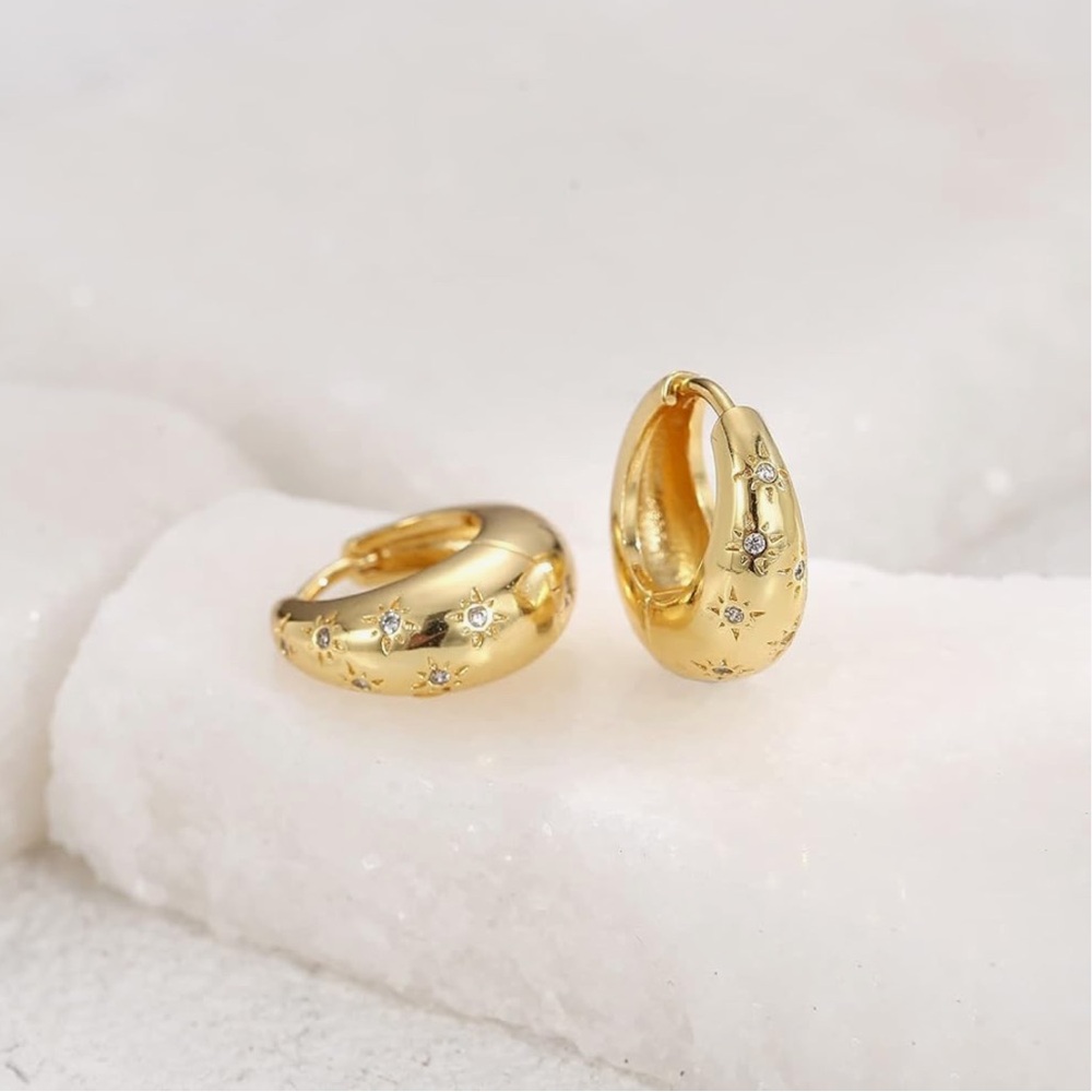 14K Gold Hoop Star Burst Earrings